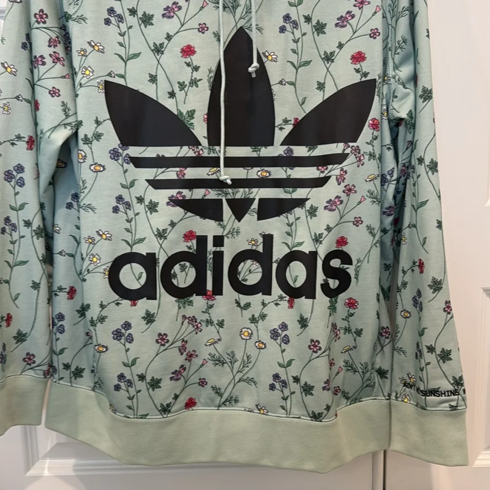 Adidas Floral Print Logo Hooded Sweatshirt Hoodie Green Floral Size Medium - Picture 3 of 16